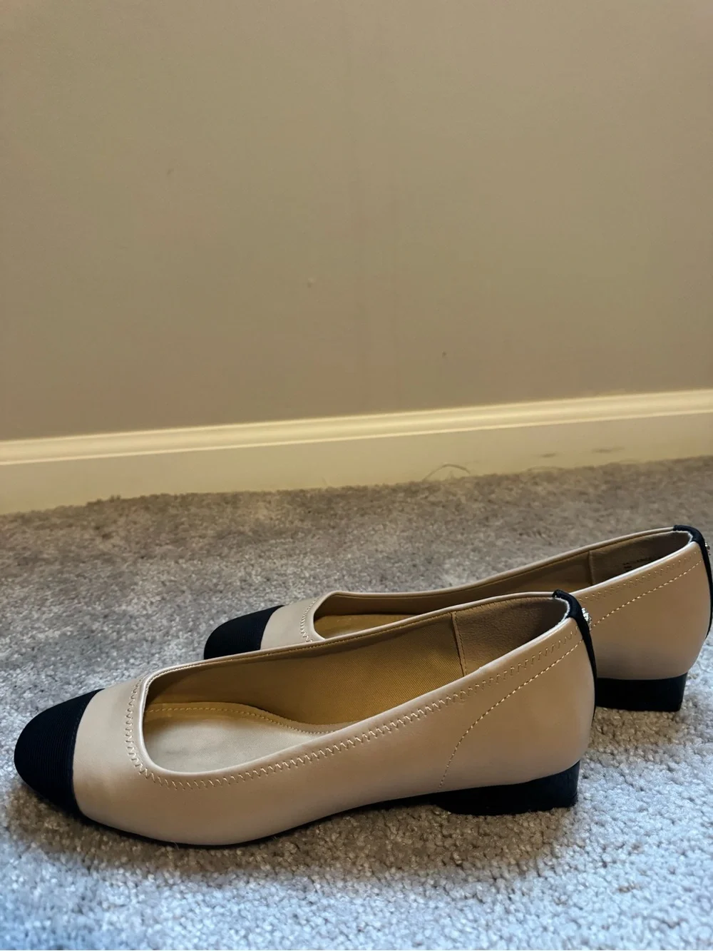Anne Klein Beige Flats with Black Cap Toe
